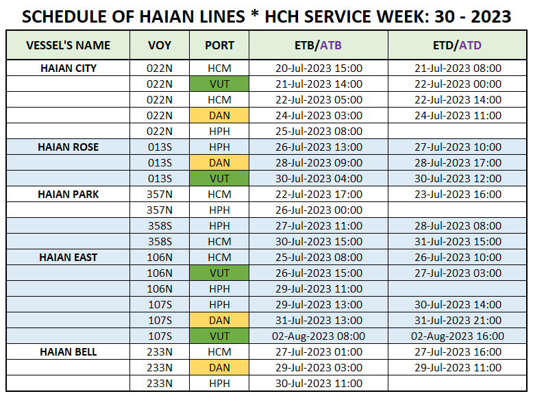 Vessel's Domestic schedule week 30 - 2023