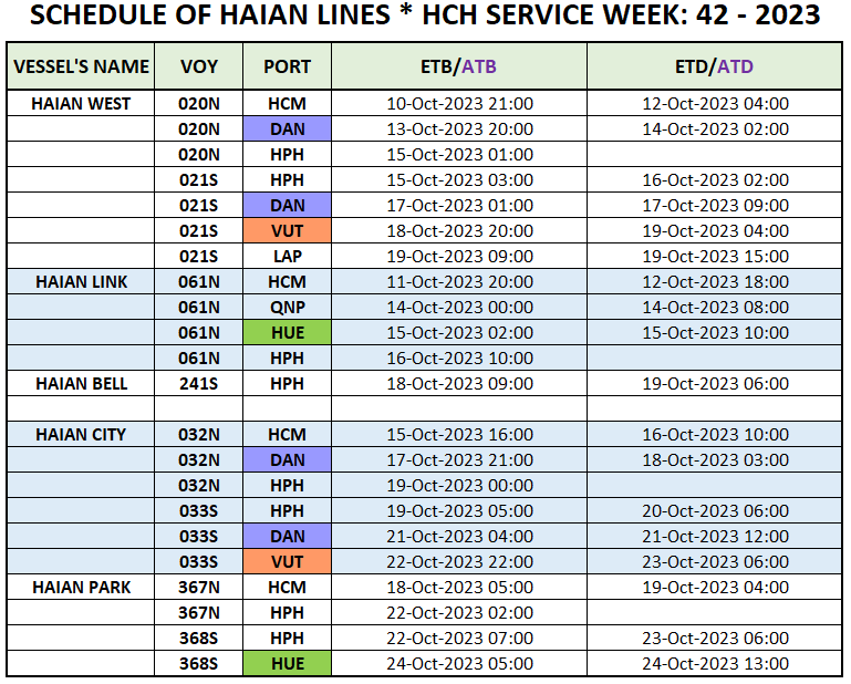 Vessel's Domestic schedule week 42 - 2023