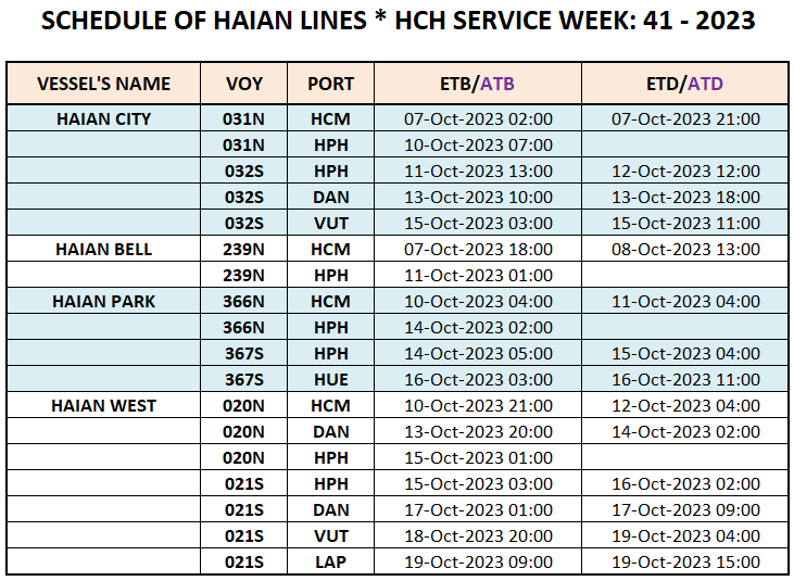 Vessel's Domestic schedule week 41 - 2023