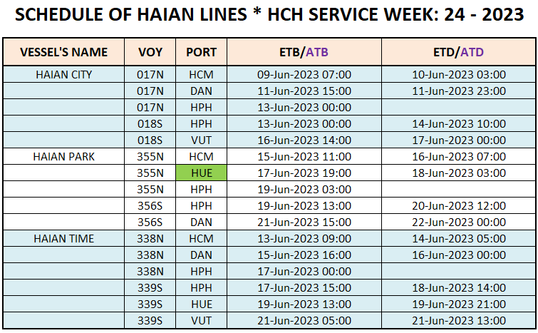 Vessel's Domestic schedule week 24 - 2023